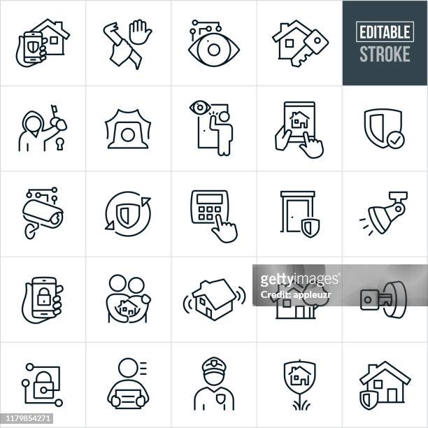 ilustraciones, imágenes clip art, dibujos animados e iconos de stock de iconos de línea delgada de seguridad en el hogar - trazo editable - llave de la casa