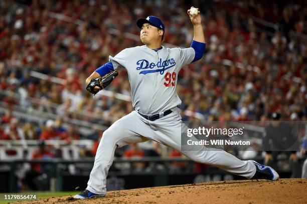 Hyun-Jin Ryu of the Los Angeles Dodgers pitches against the Washington Nationals in game three of the National League Division Series at Nationals...