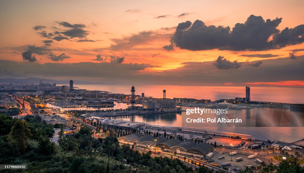 Barcelona city and Port at sunrise. Catalonia, Spain