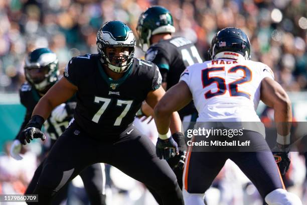 Andre Dillard of the Philadelphia Eagles guards Khalil Mack of the Chicago Bears in the first quarter at Lincoln Financial Field on November 3, 2019...