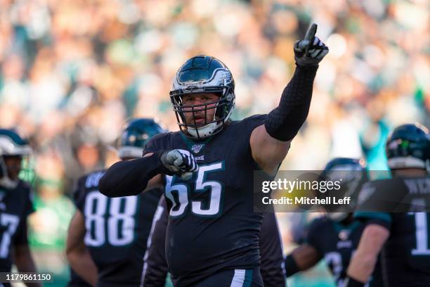 Lane Johnson of the Philadelphia Eagles reacts after a touchdown against the Chicago Bears in the third quarter at Lincoln Financial Field on...