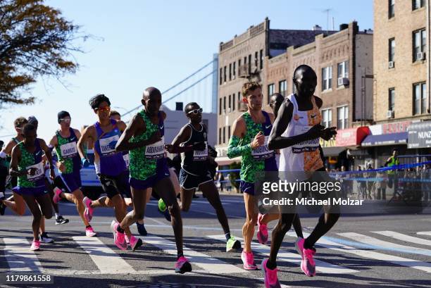 Mens Elite Group in front of the Verrazino Bridge during 2019 TCS New York City Marathon in New York City on November 3, 2019 in New York City.