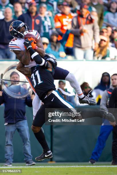 Allen Robinson of the Chicago Bears cannot make the catch against Jalen Mills of the Philadelphia Eagles in the third quarter at Lincoln Financial...