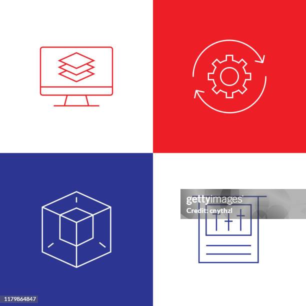 vector illustration 3d printing and modeling related thin line icons. editable vector stroke. - plastic polymer stock illustrations