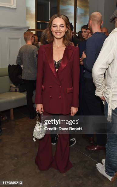 Attends the press night after party for "The Man In The White Suit" at the National Portrait Gallery on October 08, 2019 in London, England.