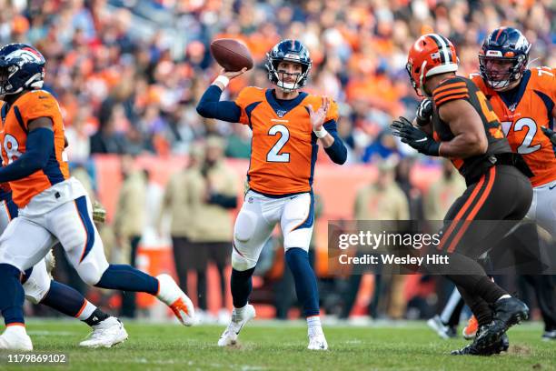 Brandon Allen of the Denver Broncos throws a pass during a game against the Cleveland Browns at Broncos Stadium at Mile High on November 3, 2019 in...
