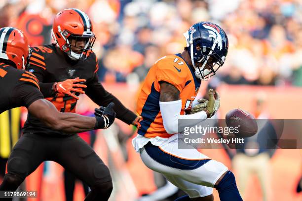 DaeSean Hamilton of the Denver Broncos drops a tipped pass during the first half of the game against the Cleveland Browns at Broncos Stadium at Mile...