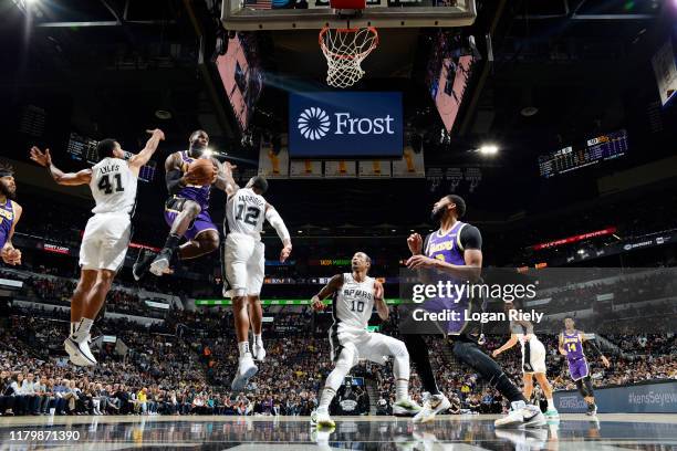 LeBron James of the Los Angeles Lakers shoots the ball against the San Antonio Spurs on November 3, 2019 at the AT&T Center in San Antonio, Texas....