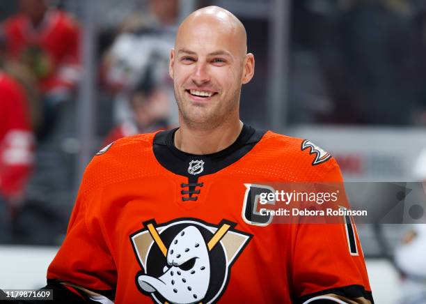 Ryan Getzlaf of the Anaheim Ducks smiles while warming up before his 1,000th NHL career game against the Chicago Blackhawks at Honda Center on...