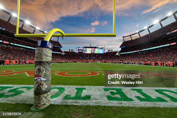 Stadium at sunset during a game between the Cleveland Browns and the Denver Broncos at Broncos Stadium at Mile High on November 3, 2019 in Denver,...