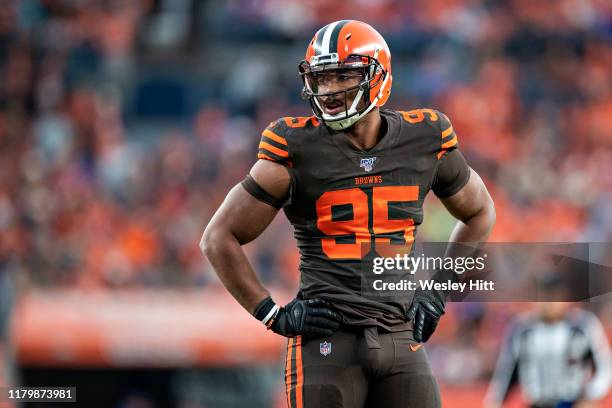 Myles Garrett of the Cleveland Browns looks over the offense during the second half of a game against the Denver Broncos at Broncos Stadium at Mile...