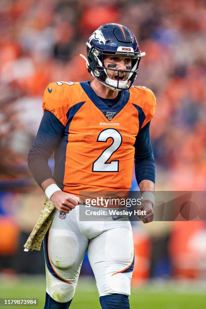 Brandon Allen of the Denver Broncos reacts after a touchdown during the second half of a game against the Cleveland Browns at Broncos Stadium at Mile...