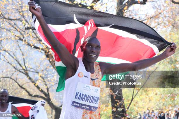 Geoffrey Kamworor celebrates a first place finish during the TCS New York City Marathon in Central Park on November 3, 2019 in New York City.
