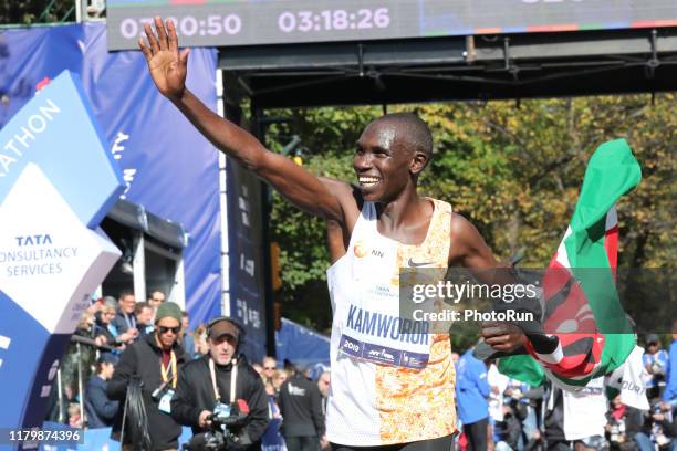 Geoffrey Kamworor celebrates a first place finish during the TCS New York City Marathon in Central Park on November 3, 2019 in New York City.