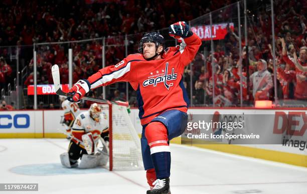 Capitals left wing Jakub Vrana celebrates after scoring his third goal of the game for a hat trick during the Calgary Flames vs. Washington Capitals...
