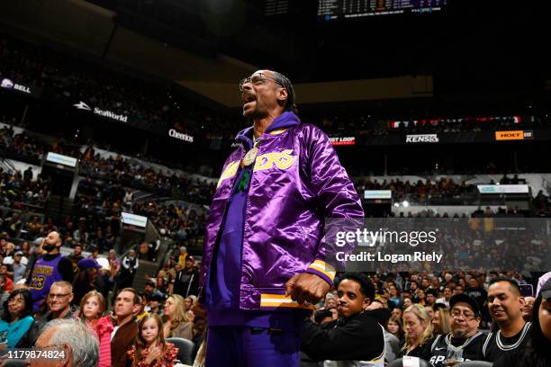 Rapper, Snoop Dogg, attends a game between the Los Angeles Lakers and the San Antonio Spurs on November 3, 2019 at the AT&T Center in San Antonio,...