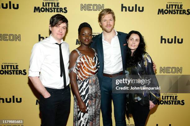 Abe Forsythe, Lupita Nyong'o, Alexander England and Jodi Matterson attend "Little Monsters" New York premiere at AMC Lincoln Square Theater on...