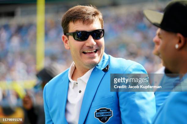 Former Carolina Panthers player Jake Delhomme before the game against the Jacksonville Jaguars at Bank of America Stadium on October 06, 2019 in...