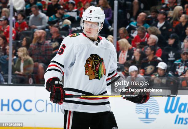 Olli Maatta of the Chicago Blackhawks looks on during the third period of the game against the Anaheim Ducks at Honda Center on November 3, 2019 in...