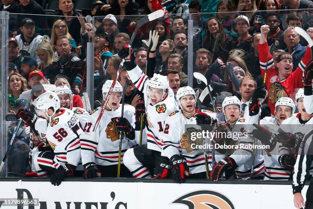 The Chicago Blackhawks bench celebrates as Patrick Kane scores a game-winning goal during overtime of the game against the Anaheim Ducks at Honda...