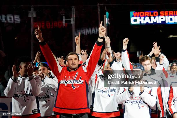 Ryan Zimmerman of the Washington Nationals celebrates as the Nationals are honored during a pregame ceremony to celebrate the Washington Nationals...