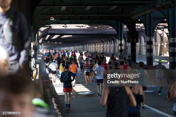 Runners cross the Queensboro Bridge at the New York City Marathon Sunday November 3rd, 2019. The NYC Marathon, which is the largest race in the...
