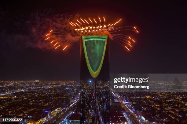Fireworks display takes place above the headquarters of Kingdom Holding Co. To mark start of the first Riyadh Season Festival in Riyadh, Saudi...