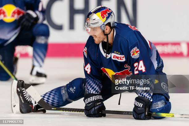Robert Sanguinetti of EHC Red Bull Muenchen looks on during the DEL match between EHC Red Bull Muenchen and Fischtown Pinguins Bremerhaven at...