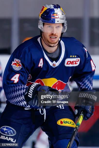 Blake Parlett of EHC Red Bull Muenchen looks on during the DEL match between EHC Red Bull Muenchen and Fischtown Pinguins Bremerhaven at...