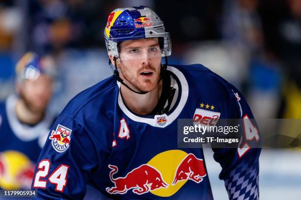 Robert Sanguinetti of EHC Red Bull Muenchen looks on during the DEL match between EHC Red Bull Muenchen and Fischtown Pinguins Bremerhaven at...