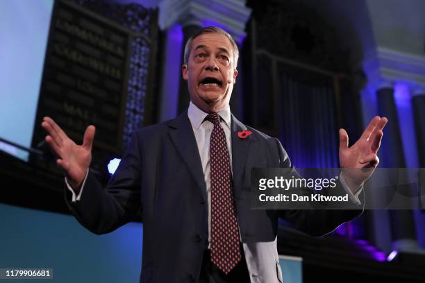 Brexit Party leader Nigel Farage speaks ahead of Brexit Party members being introduced on November 4, 2019 in London, England. The Brexit party plans...