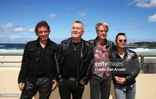 Ian Moss, Jimmy Barnes, Don Walker and Phil Small from Cold Chisel pose during a press conference on October 09, 2019 in Sydney, Australia.