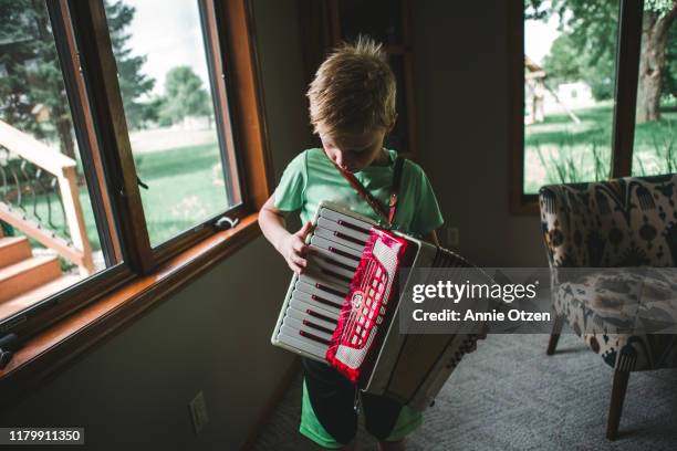 boy playing an accordion - accordionist stock pictures, royalty-free photos & images