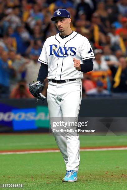 Blake Snell of the Tampa Bay Rays celebrates his teams 4-1 win over the Houston Astros in game four of the American League Division Series at...