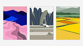 Minimalist landscape poster design, rice fields
