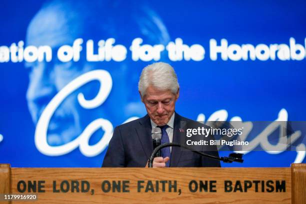 Former U.S. President Bill Clinton speaks at the funeral of former U.S. Congressman John Conyers Jr. At Greater Grace Temple on November 4, 2019 in...