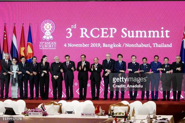 And Indian, South Korea, Japan, China, and New Zealand leaders, pose for a photo during the 3rd RCEP Summit at IMPACT Muang Thong Thani in...