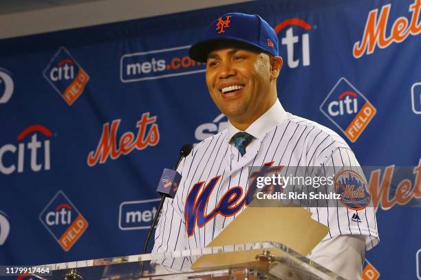 Carlos Beltran talks after being introduced as manager of the New York Mets during a press conference at Citi Field on November 4, 2019 in New York...