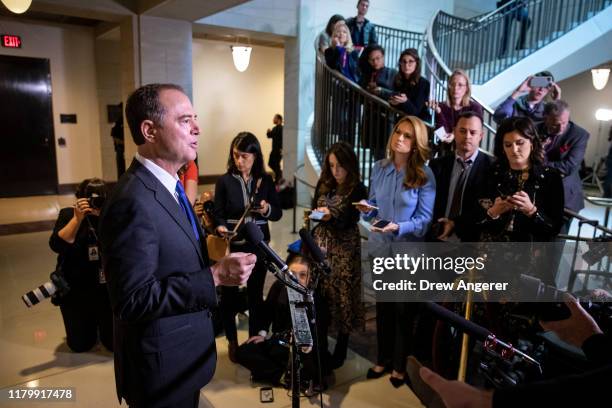 House Intelligence Committee Chairman Rep. Adam Schiff speaks to reporters following a closed-door hearing with the House Intelligence, Foreign...