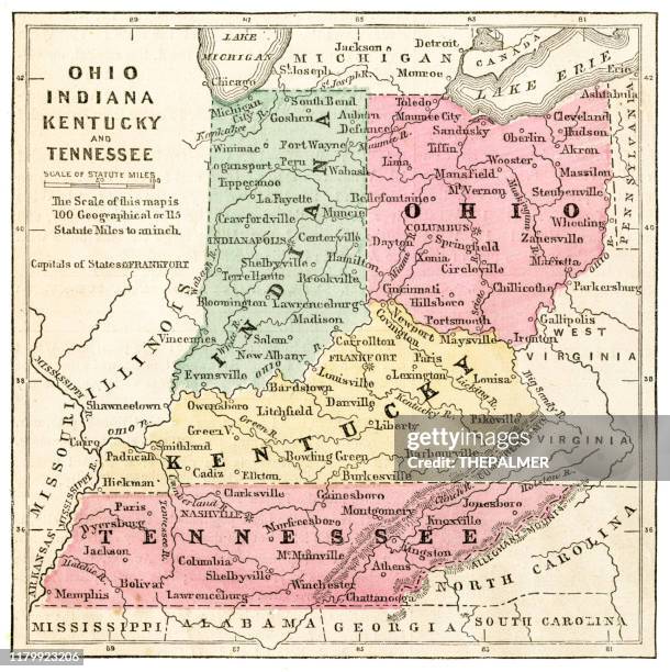 map of ohio, indiana, ohio, kentucky 1871 - tennessee v kentucky stock illustrations