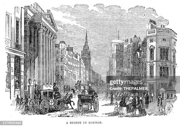 street in london engraving 1871 - horsedrawn stock illustrations