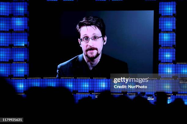 Freedom of the Press Foundation President Edward Snowden speaks live from Russia during the annual Web Summit technology conference in Lisbon,...