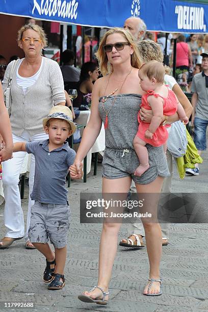 Jessica Capshaw and her children Eve Augusta Gavigan and Luke Hudson Gavigan on July 2, 2011 in Portofino, Italy.