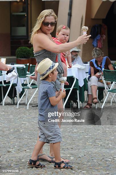 Jessica Capshaw and her children Eve Augusta Gavigan and Luke Hudson Gavigan on July 2, 2011 in Portofino, Italy.