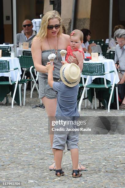 Jessica Capshaw and her children Luke Hudson Gavigan and Eve Augusta Gavigan on July 2, 2011 in Portofino, Italy.