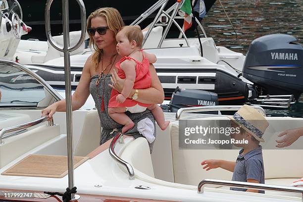 Jessica Capshaw and her children Eve Augusta Gavigan and Luke Hudson Gavigan on July 2, 2011 in Portofino, Italy.