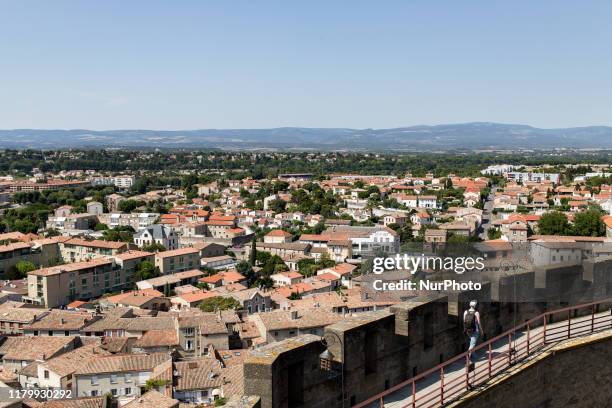 Carcassonne, France, August 4, 2019. The city of Carcassonne from the ramparts. It is an architectural ensemble that has been a UNESCO World Heritage...