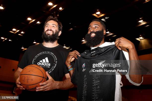 Samuel Whitelock of the All Blacks meets James Harden of the Houston Rockets during a training session on October 09, 2019 in Tokyo, Japan.