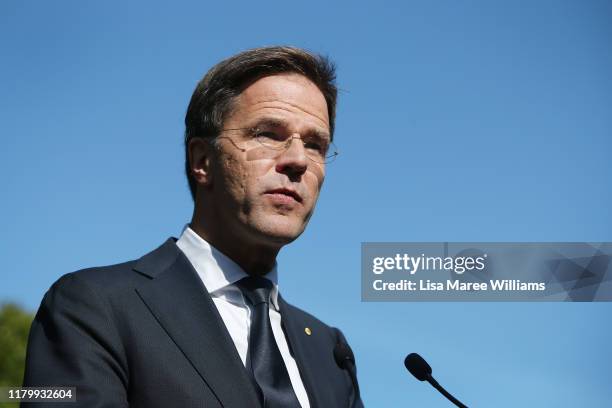 Prime Minister Mark Rutte of the Netherlands attends a press conference at Kirribilli House on October 09, 2019 in Sydney, Australia. Netherlands...
