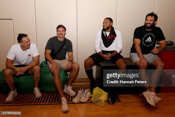 Ben Smith, George Bridge and Samuel Whitelock of the All Blacks meet Eric Gordon of the Houston Rockets during a training session on October 09, 2019...